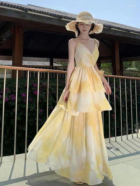 Vestidos casuales de verano amarillo amarillo corbata en v pastel de cuello hada hada larga mujer spaghetti correa sin mangas