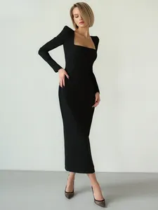 Casual Jurken Sumuyoo Luxe Bodycon Jurk Stretch Vierkante Hals Lange Mouw Feest Dames Lente Slanke Split Halverwege de Kuit Sexy