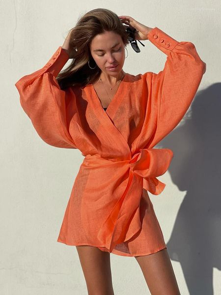 Robes décontractées Sumuyoo Femmes Wrap Robe À Lacets Bow Orange Lin Été 2023 Lanterne Manches Tunique Irrégulière Femme