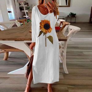 Robes décontractées Tournesol 3D Imprimer Split Été Automne Robe Femmes Élégant Blanc Manches Longues Plus Taille Maxi pour Robes 230424