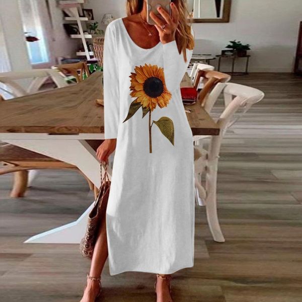 Vestidos casuales Girasol 3D Imprimir Split Verano Otoño Vestido Mujer Elegante Blanco Manga larga Tallas grandes Maxi para Vestidos 230424