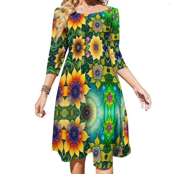 Vestidos casuales Vestido de girasol Verano Estampado floral Lindo Femenino Tres cuartos Estética Impreso de gran tamaño