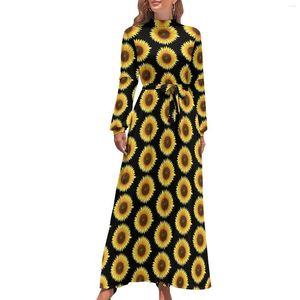 Robes décontractées robe imprimé de tournesol fleur du soleil élégant bohmismie femelle long-manche haut cou mignon long maxi