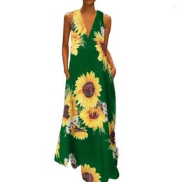 Casual jurken zonnebloem printjurk vrouwen zomer geel boho v nek mouwloze grote zoomvakken lang