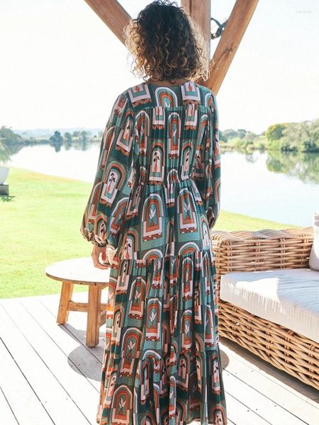 Robes décontractées Sunloudy Femmes Bohème Motif Lâche Maxi Robe Profonde Col V Manches Longues Imprimé Géométrique Plage