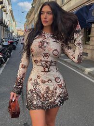 Casual jurken zonnige herfst sexy y2k kleding stropdy kleurstof print lange mouw o-neck ruches bodycon mini voor vrouwen club feest elegante outfit