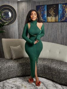 Casual jurken zonnige gebreide ribe 2 pc's jurk vrouwen turtlenck vest crop top v hals rekbare bodycon maxi suit met lange mouwen