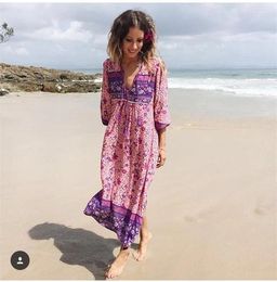 Casual jurken Super chique roze bloemen Boheemse stijl lange jurk dames mouw Rayon herfst kwastje V-hals Boho