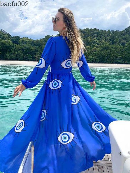 Vestidos casuales Súper calidad Tela cómoda Sin arrugas Ojos azules Túnica de gasa Vestido de playa sexy Mujeres Ropa de playa Traje de baño Cubrir D3 W0315