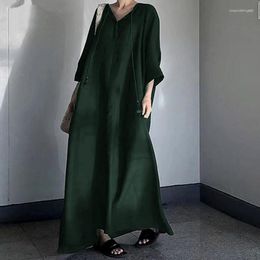 Robes décontractées SuperAen Japon et coréen Col V-Col Lâche Coton Lin Couleur Solide Simple Mode Robe longue surdimensionnée