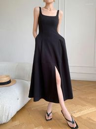 Casual jurken superaen zwart Koreaanse stijl mouwloze slip jurk dames zomer 2023 split spaghetti riem lang
