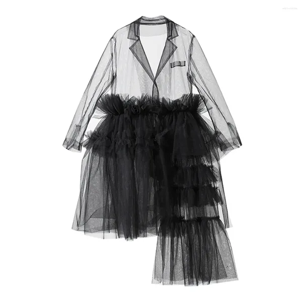 Robes décontractées Superaen European conçu Voir à travers la robe en mesh Summer 2024 Collier de costume Patchwork irrégulier