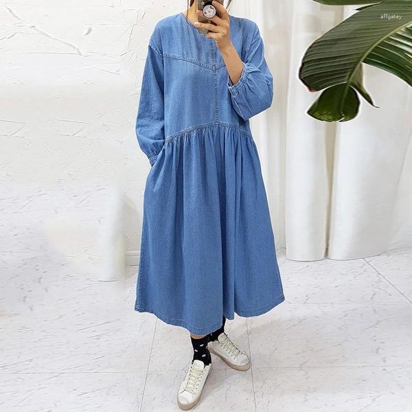 Robes décontractées Superaen Corée Chic Automne Retro Lazy Style Round Neck Design Loose Bubble Bubble à manches en jean Robe pour femmes