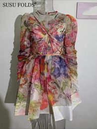 Casual jurken Susu kleurrijke printjurk lange mouw v nek visbeen taille elegante vintage vrouwen kleding zomer 2023 su b027 230503