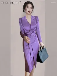 Robes décontractées Susu Robe nouée pour femmes Purple Double Putting avec ceinture Elegant Long Mancheve Office Lady Style Automne 2024 Su-D030