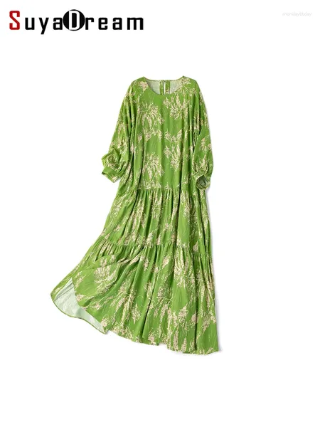 Robes décontractées suyadream femmes vertes 70% de soie 30% de coton o cou A-Line Long Robe 2024 Vêtements d'été printemps