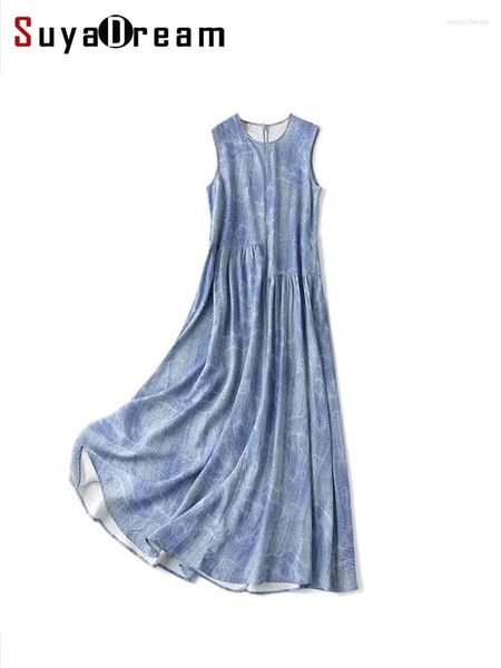 Robes décontractées SuyaDream Femmes Maxi Véritable Soie Sans Manches Imprimé Longue Robe De Plage 2024 Printemps Vêtements D'été Bleu