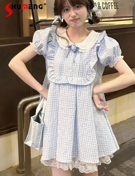 Robes décontractées Sweet Blue Plaid Doll Collier Robe pour femmes 2024 Été Princesse Mignon Minceur Dentelle Courte Puff Manches Pettiskirt Feminino