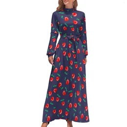 Robes décontractées Robe de cerises douces Fruits rouges Imprimer Mode coréenne Plage Femmes Manches longues Col haut Élégant Maxi