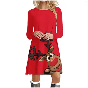 Robes décontractées Sweet Cute Christmas Robe Snowman Imprimer Automne Manches longues Lâche A-Line Femmes Party 2023