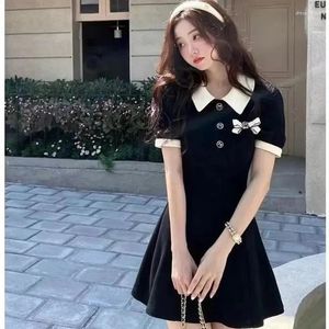 Robes décontractées Robe douce Femmes Preppy Style Bow Turn Down Col Mini Étudiant Coréen Taille haute à manches courtes Une ligne Sundress Y2K