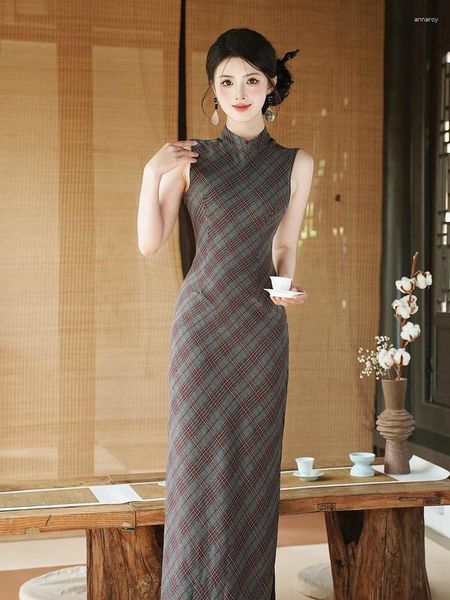 Robes décontractées Sweet Girl Twill Plaid Retro Long Qipao Spring / Summer Stand Cold Slim Fit Slim Fit Sleeve sans manches