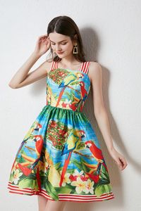 Casual Jurken Lieve Meisjes Cartoon Vogels Bloemen Gedrukt Zomerjurk 2024 Dames Mouwloos Slash Neck Hoge Taille Vakantie Kort Vest