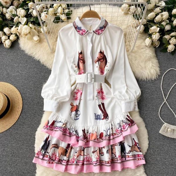 Vestidos informales con estampado de caballo dulce, Vestido de manga larga hasta la rodilla para mujer, Primavera Verano, elegante linterna con volantes, Vestido de vacaciones para mujer