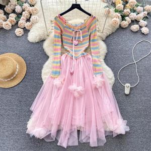 Robes décontractées doux tricot élégant femmes rayé irrégulière florale patchwork tulle robe de bal robes robe d'été livraison directe