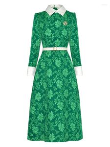 Casual jurken Sweet Ladies Spring Hoogwaardige Modefeest Groen Geel Slim Fit Designer Chic Catwalk Pretty Long Sleeve Midi -jurk