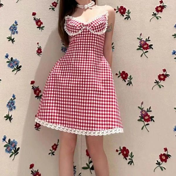 Robes décontractées Sweet Lolita Style Strass Camisole Dames Mini Robe Dentelle Patchwork Rouge Plaid Sexy A-Line 2024 Fête d'été Printemps