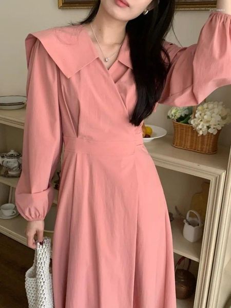 Robes décontractées Sweet Long Wrap Bandage Robe Femmes Printemps Sailor Collier À Manches Longues A-ligne Femelle 2024