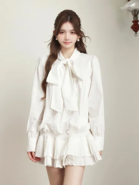 Robes décontractées doux robe de fête courte femmes à manches longues élégants chemises blanches françaises de style bien coréen chic 2024 printemps