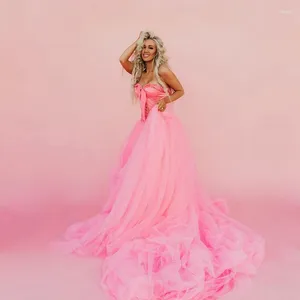 Casual jurken zoete strapless roze tule prom korset op maat gemaakte vrouwen zomerjurk lange pluizige mesh brithday feestjurken