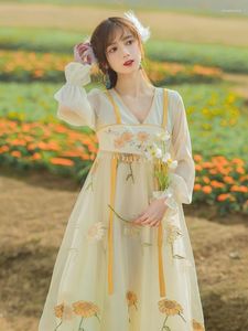 Robes décontractées SWEETXUE 2022 été Hanfu femmes Style chinois tournesol brodé col en v en mousseline de soie perlée fée fille femme Vestidos