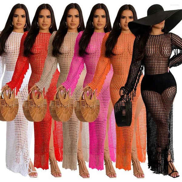 Robes décontractées Maillot de bain Coverup pour femmes Crochet Beach Cover Up Glands Haute Fente Maxi Vacances d'été Longue Swimwea