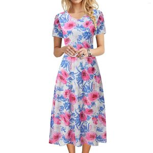 Casual jurken Swingjurk voor dames Mode V-hals Korte mouw Boheemse bloemenprint Effen pasvorm Eenvoudig T-shirt Losvallend