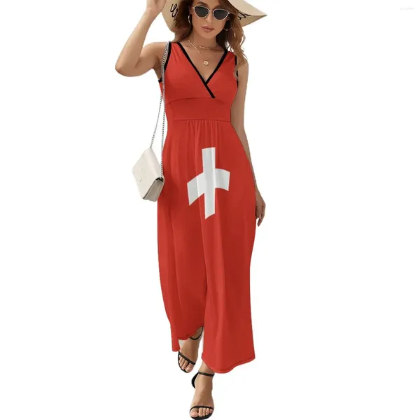 Vestidos casuales Suiza bandera vestido vintage maxi streetwear boho playa largo sin mangas personalizado ropa de gran tamaño