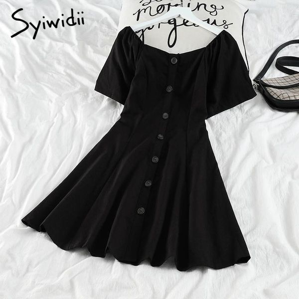 Abiti casual Syiwidii Elastico a vita alta Donna Button Up Manica corta A-line Solid Black Clothes 2023 Summer Korea Fashion Dress