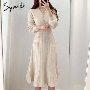 Robes décontractées syiwidii ​​tricot élégant pour les femmes automne 2023 bouton à manches longues coréennes vers le cou de ligne un pull de ligne robe midi noire