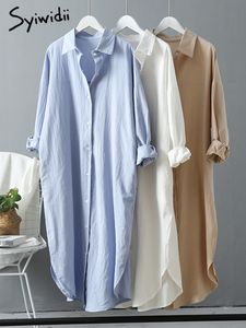 Casual jurken Syiwidii ​​lange witte shirt jurk voor vrouwen linnen katoenen lente zomer Koreaanse kleding vintage oversized Midi Robe 230313