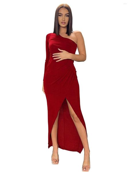 Robes décontractées Szkzk Sexy Asymétrique Longue Robe Femmes Une Épaule Manches Haute Taille Plis Night Club Tenues Soirée Clubwear