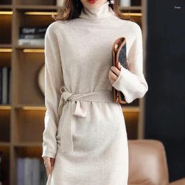 Casual jurken Tailor Sheep Wool Ladies Draai vaste kleur Lange mouwen gebreide mode Slim Long High-Neck Cashmere Sweater