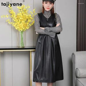 Robes décontractées Tajiyane 8xl en cuir de peau de mouton authentique pour femmes 2024 habille noire mince