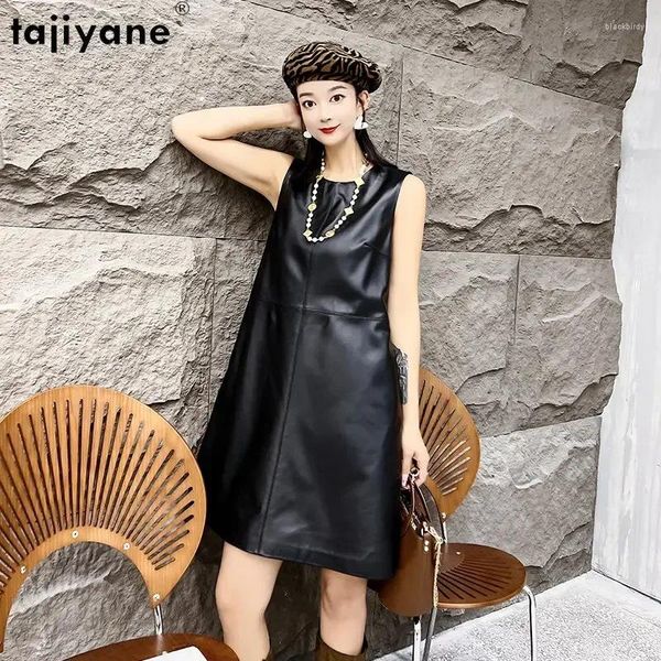 Robes décontractées Tajiyane en cuir authentique pour les femmes 2024 Vraie mouton robe noire sans manches élégantes vêtements pour femmes robe femme