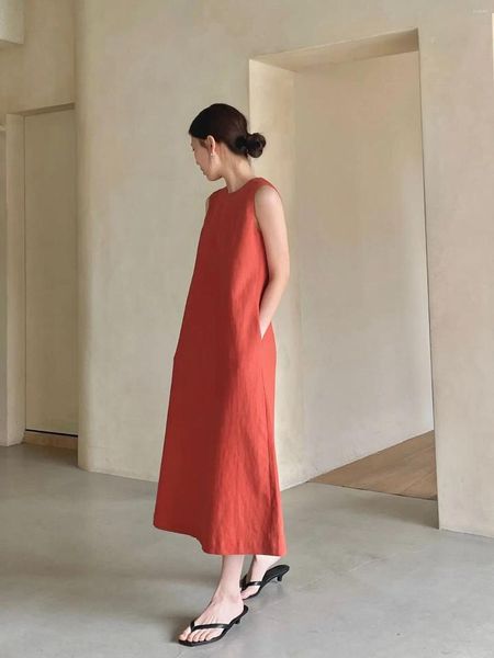 Robes décontractées robe de réservoir Femmes 85% Ramie 15% Cotton Fashion 2024 Summer sans manches maxi pour vestidos de Verano Mujer