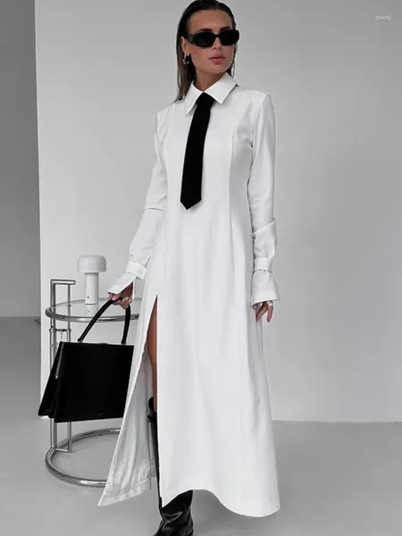 Vestidos informales TARUXY Vestido largo con abertura lateral para mujer Blanco elegante Turn Collar Tie Midi Femme 2024 Street Loose Slender Woman