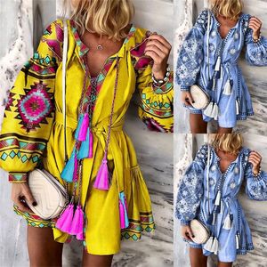 Minivestidos con fajas y borlas para mujer, vestido Sexy bohemio con escote en V para verano y otoño, Vestidos de playa con estampado Floral bohemio