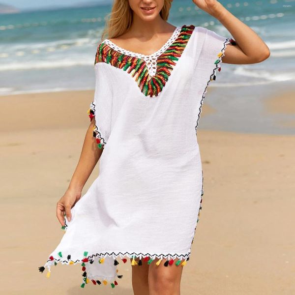 Vestidos casuales Borlas Boho Beach Dess Mujeres Traje de baño Cubrir Trajes de baño Traje de baño Verano Crochet Fino Transparente Vestido suelto Túnica larga Smock Tops