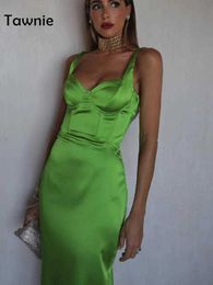 Vestidos casuales Tawnie 2022 Verano Y2K Green Satin Maxi Vestido Mujeres Elegante Correa Sin mangas Sexy V Cuello Sin respaldo Club Vestidos de fiesta Traje P230322